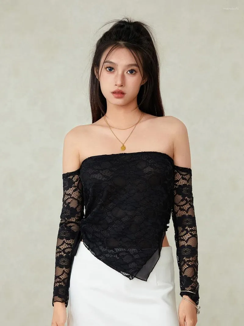 Camiseta De Manga Larga Sexy De Encaje Fuera Del Hombro De Las Mujeres  Ajuste Delgado, Diseño Ruchado, Top Nocturno De 21,28 € | DHgate, image size:800x1067