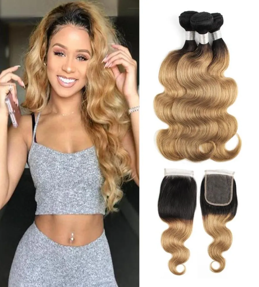 Paquets brésiliens de cheveux de vague de corps blond d'ombre avec la couleur de fermeture 1B27 3 paquets avec la fermeture de dentelle 4x4 cheveux humains non transformés de Remy 4559168