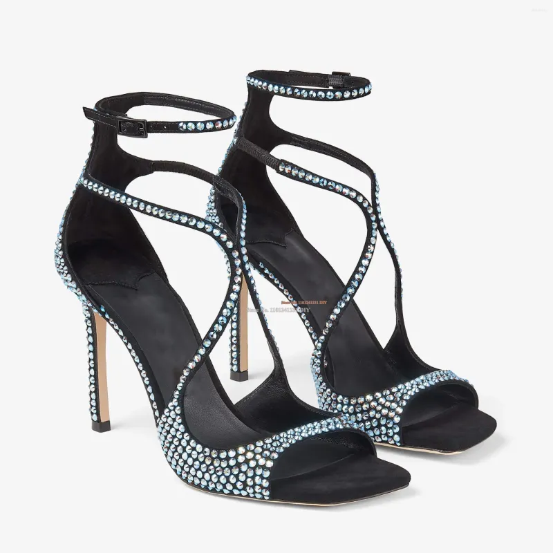 Sandali di lusso in cristallo blu con punta quadrata e pietre preziose impreziosite da tacco alto con glitter e scarpe con tacco incrociate da donna, festa di ballo