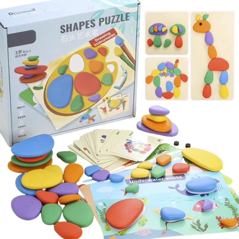 Barn 3D-pussel Montessori Toys Rainbow Pebbles Logical Thinking Game Barn Målar Sensory Learning Toys för 3-6 år gammal 240307