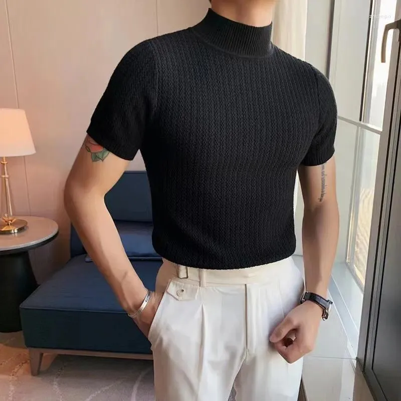 Men's Sweaters Spring Summer Short Sleeve Knitted Sweater Men Tops Solid Tees Slim Fit Stretch Turtleneck Casual Pull Homme Pullovers