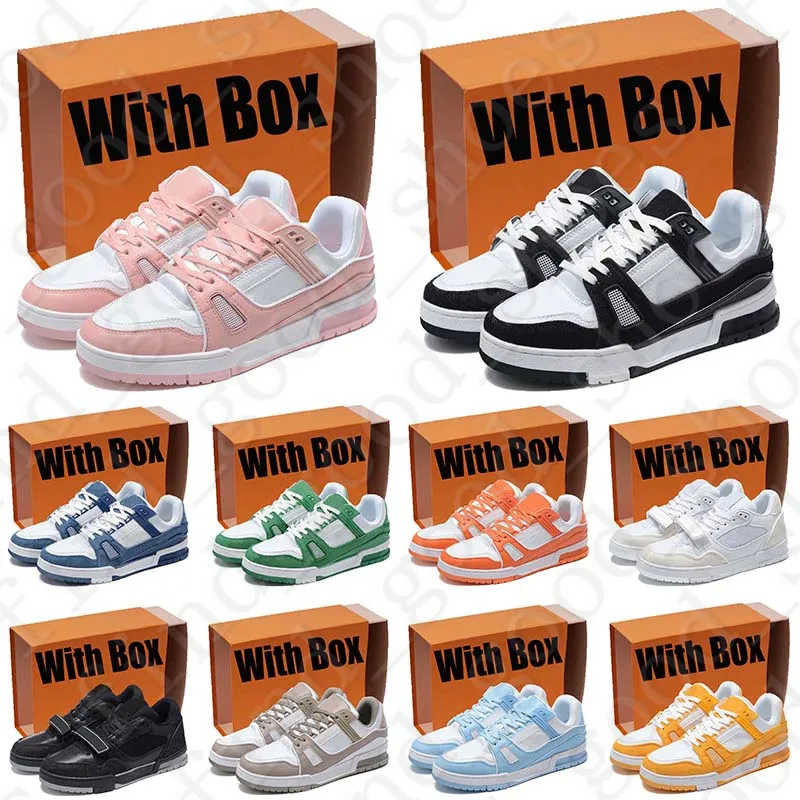 Med box designer skor tränare sneaker låg för lyx män kvinnor svart rosa gula män kvinnor himmel blå tränare sneakers löpare casual skor rabatt