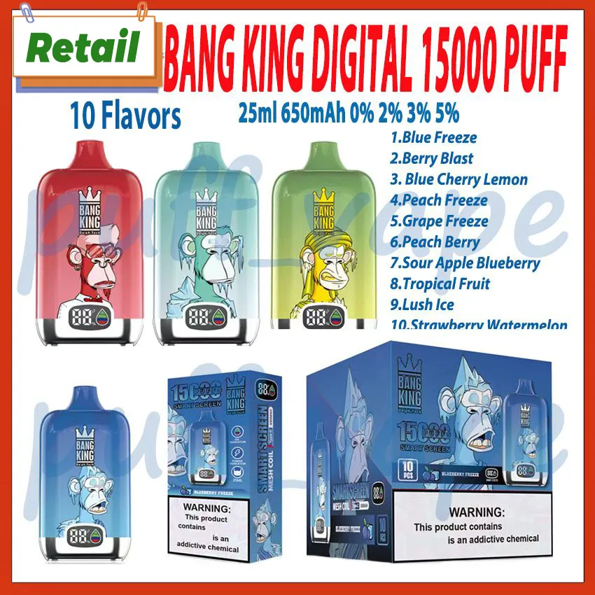 Varejo Bang King Digital 15000 Cigarros E descartáveis Smart Screen Mesh Bobina 650mAh Bateria 10 Sabores 0% 2% 3% 5% 25ml Pod pré-preenchido 15k Puffs Vape Pen