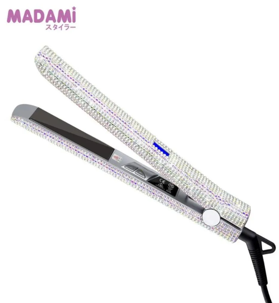 Madami Shine Hair Starten Plat Iron Hand Made Crystal Diamond med LCD -skärm Sparkling Rhinestones Titanium Plate Iron2761170