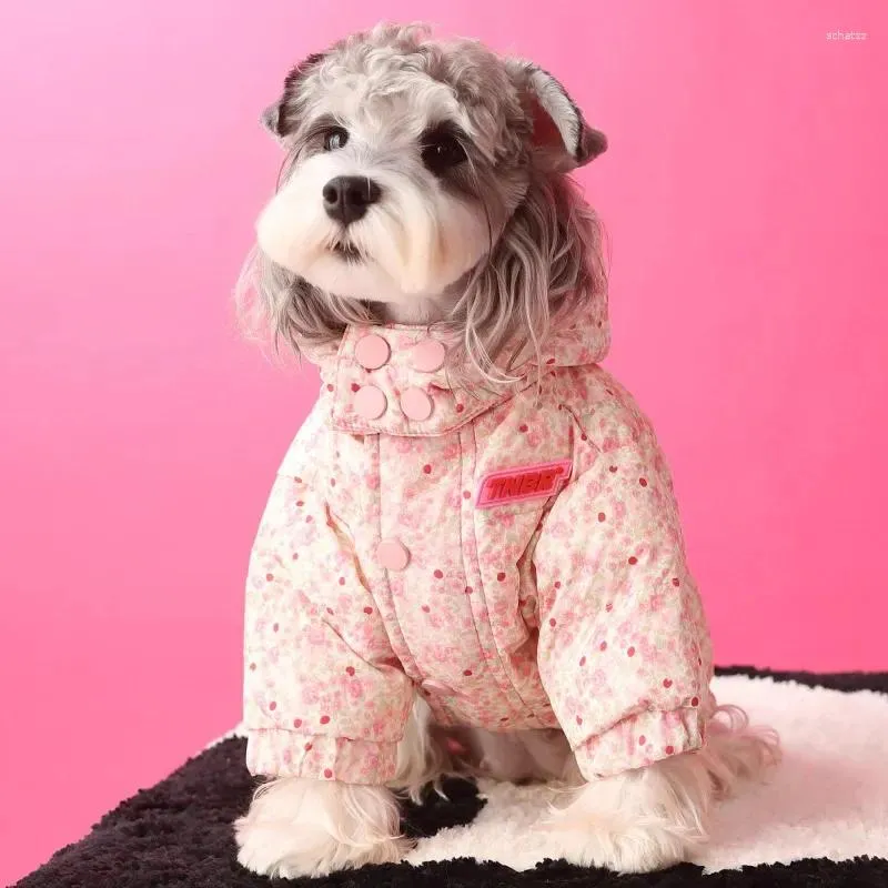 Dog Apparel Clothes Thickened Warm Floral Hooded Down Jacket For Female Dogs Teddy Schnauzer Bichon Pet Clothing Winter Puppy Costume