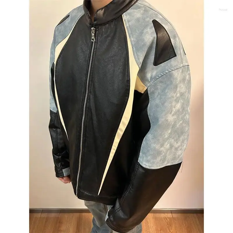 Herrenjacken American Retro Street PU-Lederjacke Männer Koreanische Version Frühling Trend Kontrastfarbe Reißverschluss Lose Stehkragen