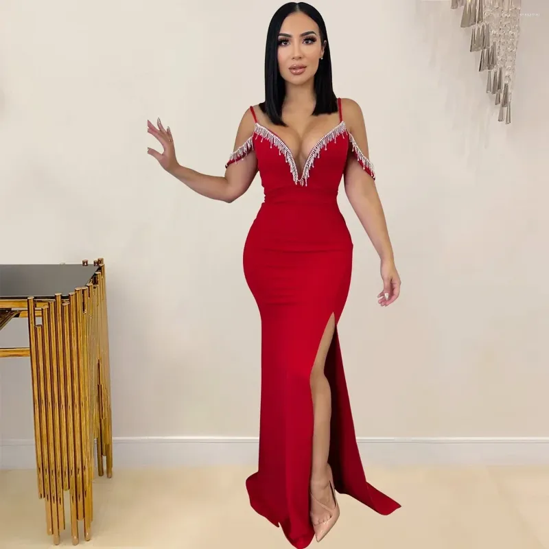 Casual Kleider Wishyear Elegante Lange Hohe Schlitz Schulterfrei Rückenfrei Abend Geburtstag Für Frauen Quaste Strass Maxi Bodycon Vestidos