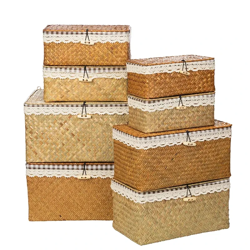 Cestas cesta de vime com tampas nautral seagrass caixa de armazenamento cesta tecido retangular caixas recipiente rattan armazenamento organizador da cozinha