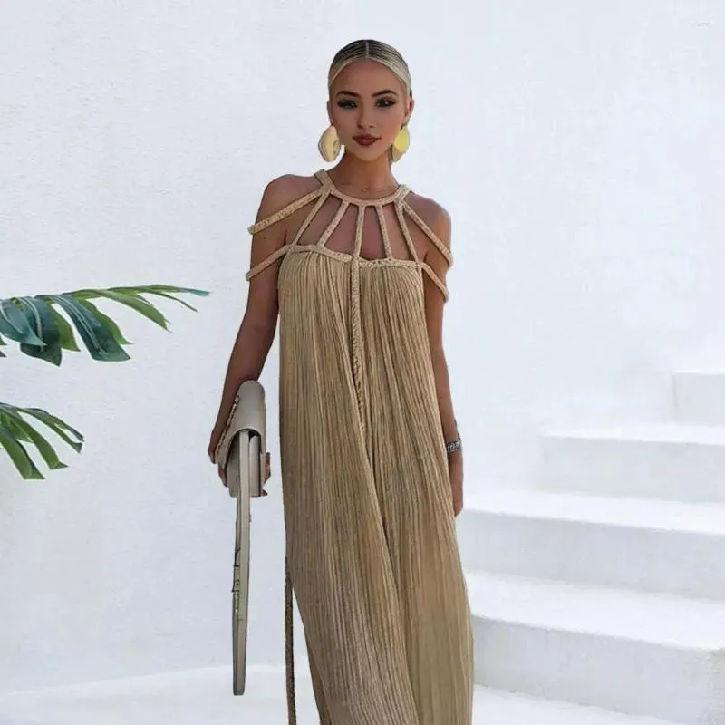 Casual Dresses Women Sundress Hollow Out Sleeveless Off Shoulder Halter Neck Lady Dress Pleated Flätad rem Löst semester strand maxi