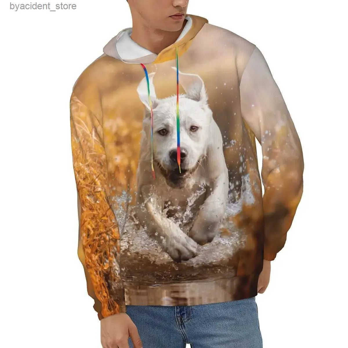 Moletom com capuz masculino moletom com capuz inverno casual hoodies labrador retriever cão correndo através do rio no outono pulôver masculino moletom streetwear l240315