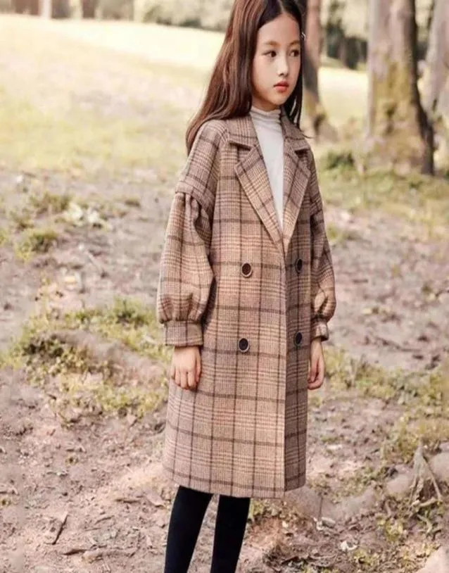 High Quality New Girl Coat Spring Winter Teenager Girls Warm Thicken Woolen Long Coat Khaki Plaid Trench Jackets Children Outerwea2835457