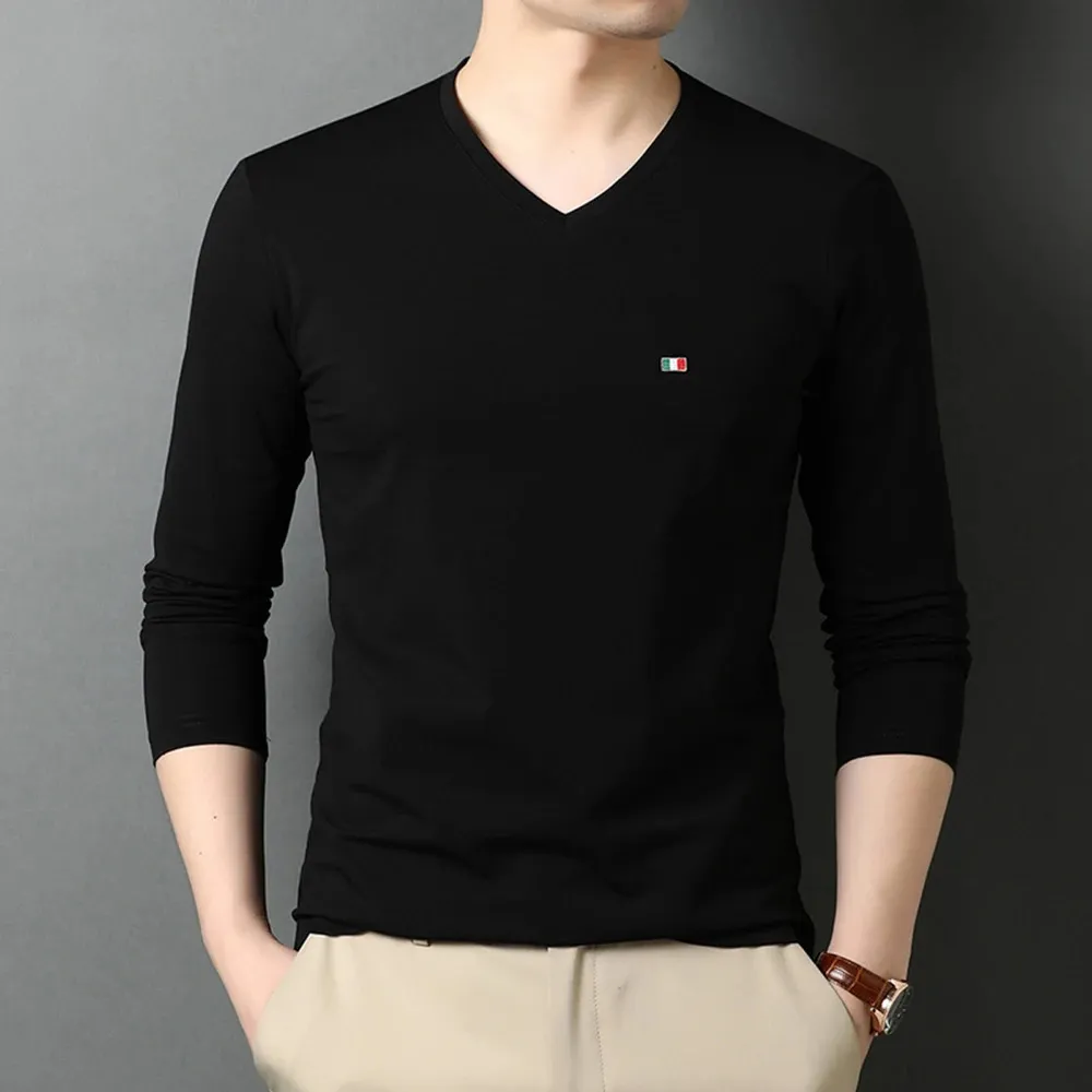 Top Quality Fashion Brand Plain 95% Cotton 5% Spandex V Neck Long Sleeve t Shirt Men Cotton Black Casual Men Clothes 240229