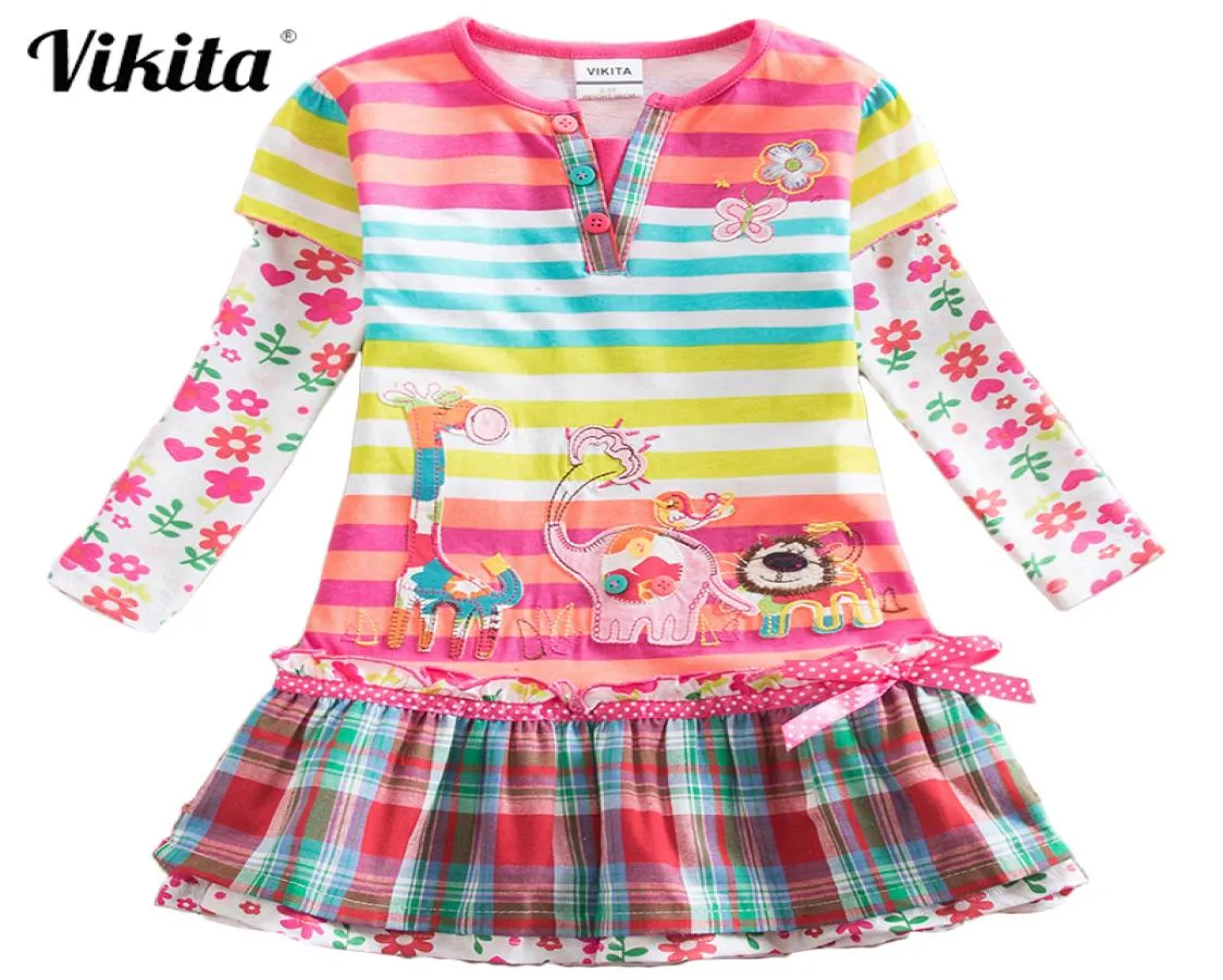 VIKITA Brand Girls Dresses Kids Baby Striped Roupa Infantil Dress Child Clothes Girls Deer Elephant Cartoon Flower Dresses LJ200826979536
