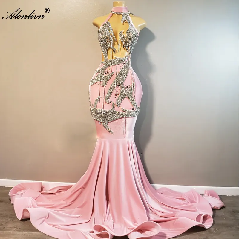 Nuovo stile 2024 Donne in raso Abiti floreali a sirena rosa Illusion Colletto all'americana Perline di lusso Rhinycrystals Sweep Train Sirena Abiti da ballo per donna