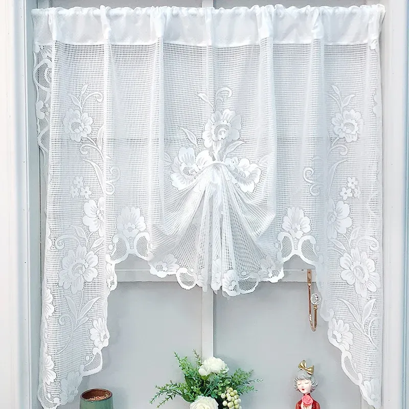 Curtains American White Floral Lace Rod Pocket Pull Curtain Roman Lifting Sheer Voile Drape Door Bay Window Kitchen Partition