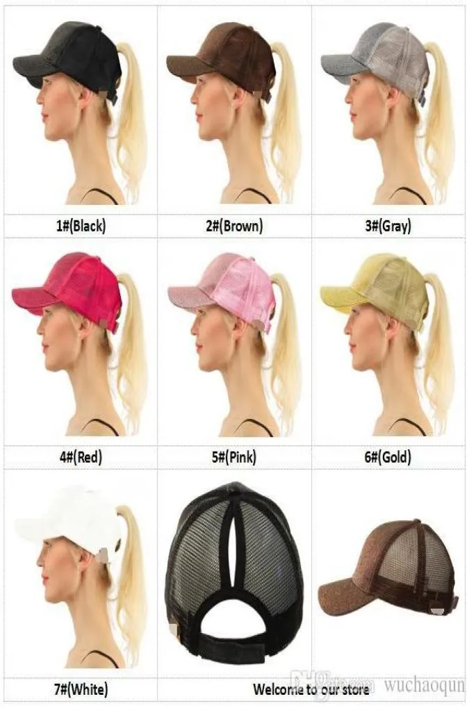 2018 vendita 7 colori Glitter Ponytail Ball Cap Messy Buns Trucker Ponycaps Plain Baseball Visiera Cap Glitter Ponytail Snapbacks2094566