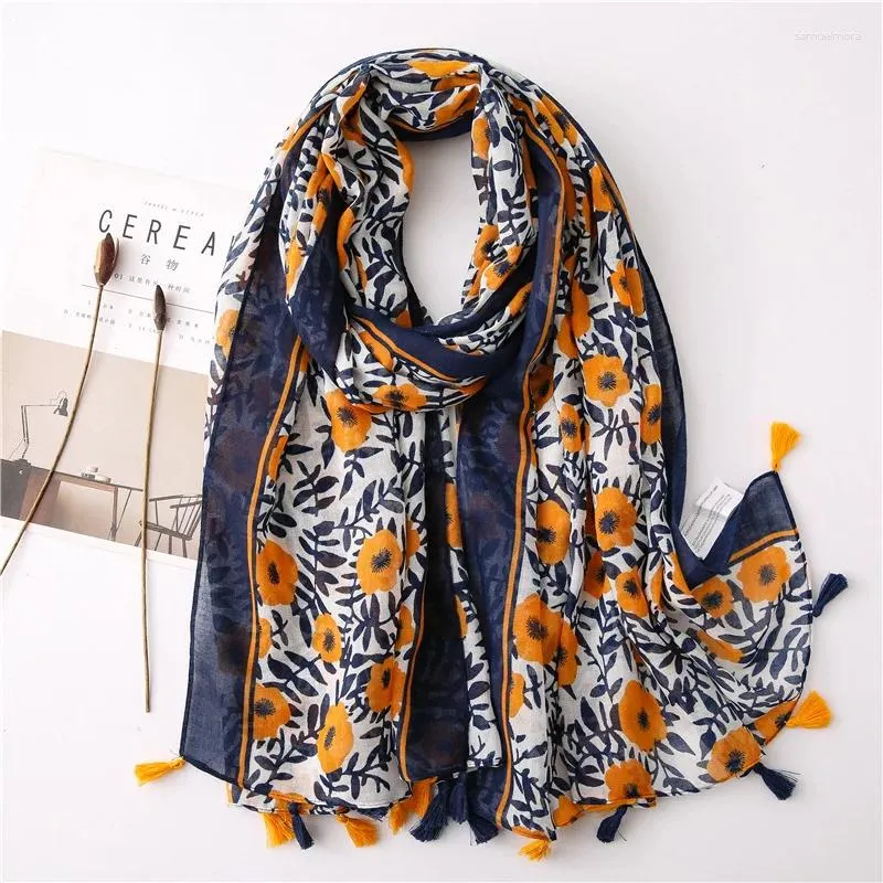 Foulards Printemps Floral Impression Coton Lin Écharpe Femme Élégante Mode Épissé Châle Femelle Style Coréen Multicolore Vintage Wraps