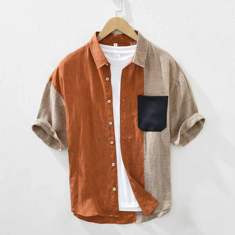 M2518 camisa casual patchwork masculina de manga curta solta e fina combinando com camisa de linho personalizada masculina