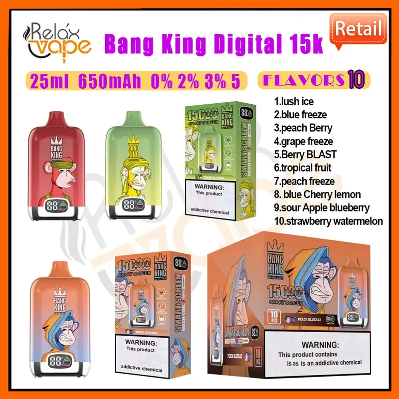 Bang King Digital 15000 Puff Jetable Vape E Cigarettes 25ml Pod 650mAh Batterie Rechargeable Électronique Cigs Dispositif 15K Puffs Force 0% 2% 3% 5% Vente au détail