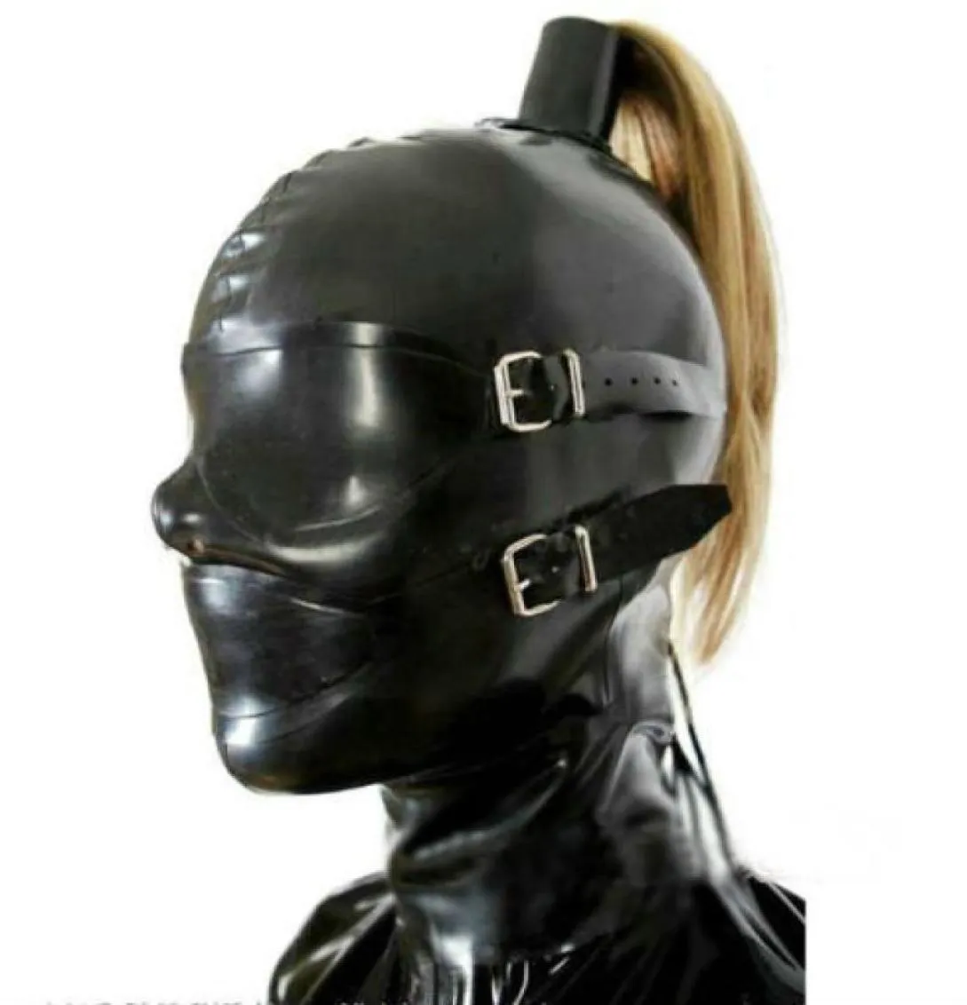 Sexy Zwarte Latex Kap Rubber Masker Met Ogen En Mond Cover Latex Masker Terug Bandage Pullthrough Paardenstaart Gat Zonder Haar2456813