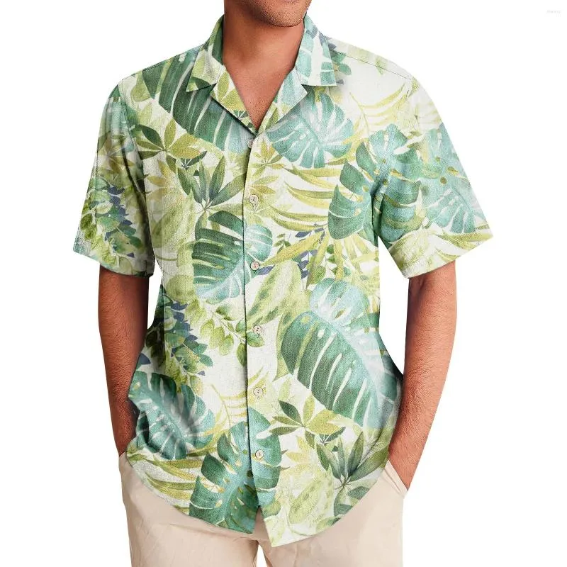 남자 캐주얼 셔츠 2024 팜 잎 프린트 남자 하와이 셔츠 해변 짧은 소매 느슨한 패션 탑 티맨 블라우스 카미사