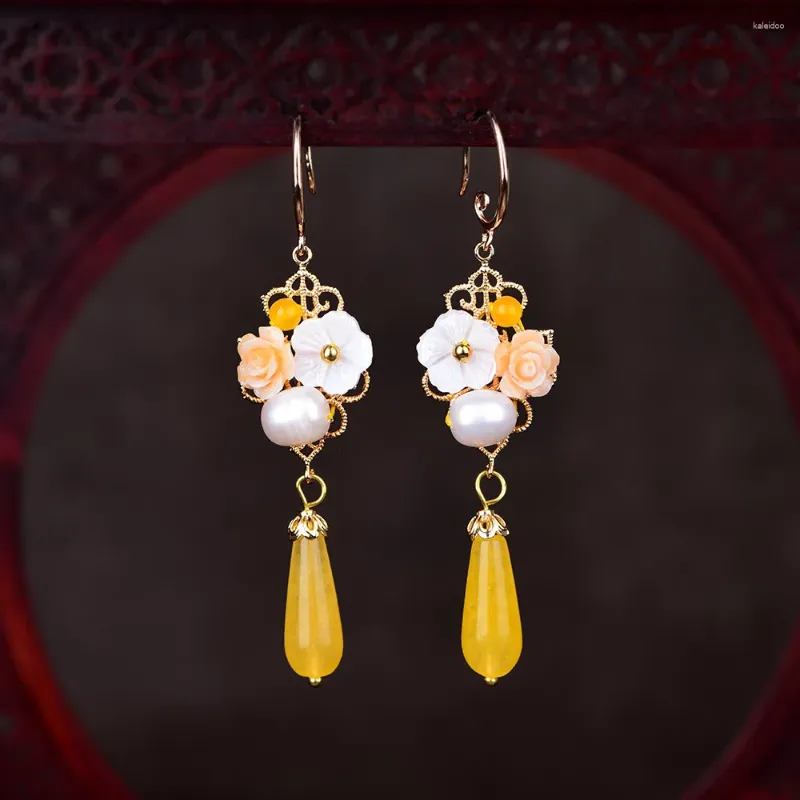 Kolczyki Dangle Jade Flowers Drop Chalcedony żółty agat Amulet moda naturalny urok prezenty biżuterii dla kobiet Hen