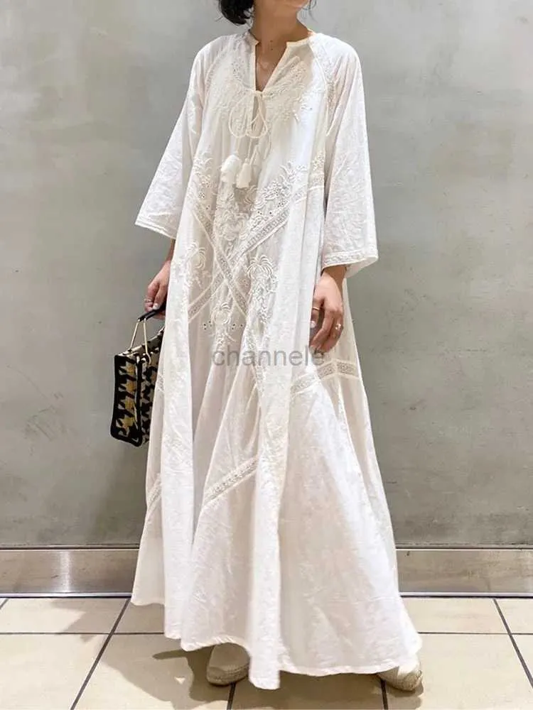 Girl's Dresses Spring Summer Dresses Fashionable V-Neckline Solid Color Loose Bathrobe Elegant Long Dress Ny in Loose Fit Retro Ladies Clothing 240315