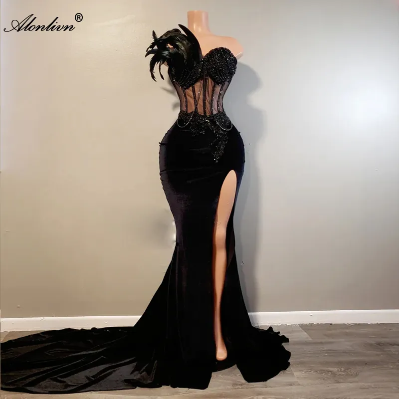 Women Black Trumpet Flormal Prom Dresses Shoulder With Feauther Beading Lace Pearls Satin Front Split Mermaid Hollow Ladies Prom Party Gowns