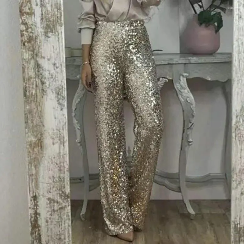 Shimmering Sequin Gold High Waisted Trousers For Womens Party Wear Solid Color Flared Tops From Shasamei 19.23 DHgate.Com