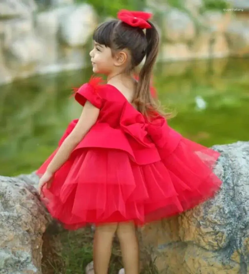 Robes de fille en Tulle rouge, manches cape à fleurs, robe de princesse personnalisée pour fête de bébé