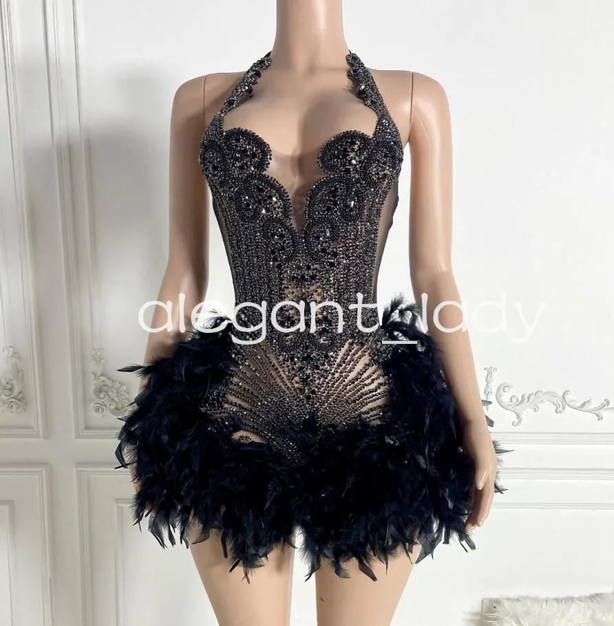 Petite robe noire scintillante Mini robes de Cocktail de soirée pour fille noire luxe diamant cristal plume retour robe de Gala robe de bal