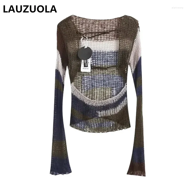 T-shirt da donna Sexy See Through Patchwork lavorato a maglia Scava fuori la camicia 2024 Primavera Estate Moda elegante manica svasata Backless Tops Tees Y2K