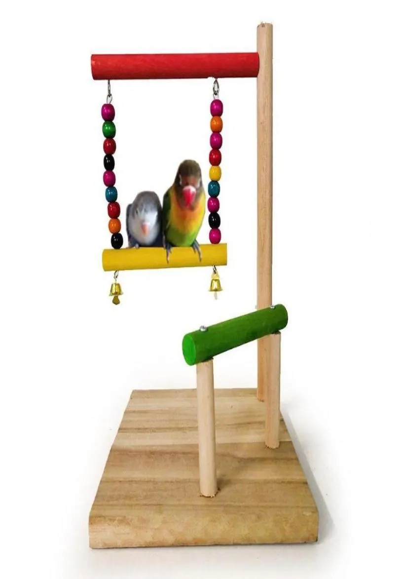 その他の鳥の供給カラフルな木製オウムハンギングスイングベルおもちゃのパーチスタンドバービーズペットケージ装飾鳥の演奏プラットフォーム9153098