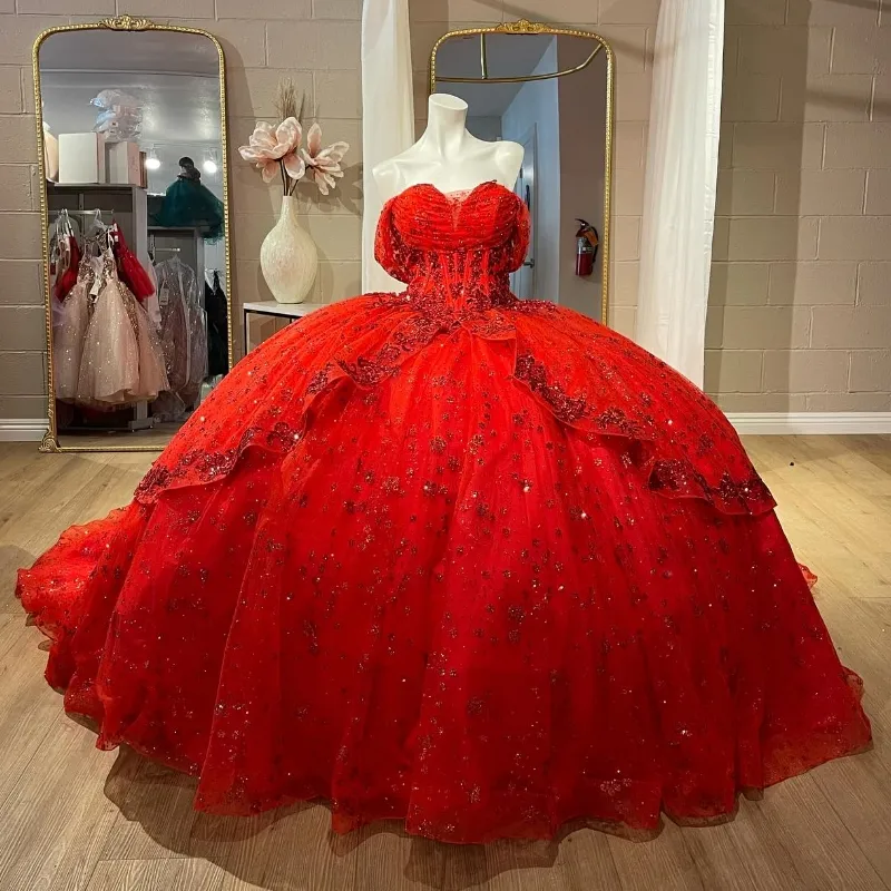 Red Glitter Crystal Sequined Ball Gown Quinceanera Dresses Off The Shoulder Beading Tull Corset Vestidos De 15 Anos