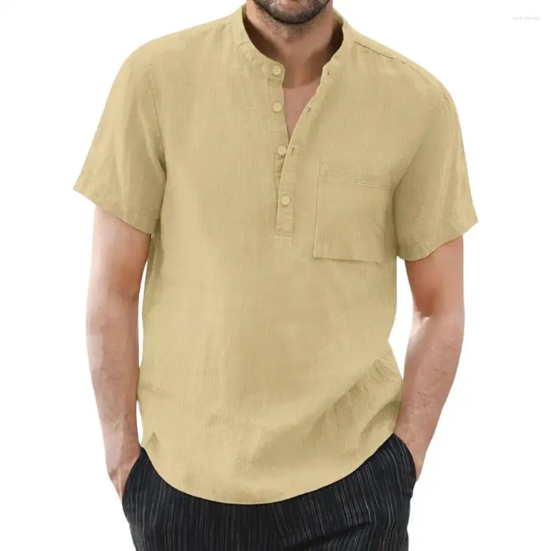 Mäns casual skjortor män affärsskjorta stand-up krage stilfull sommar med stativ bröstficka pendling för