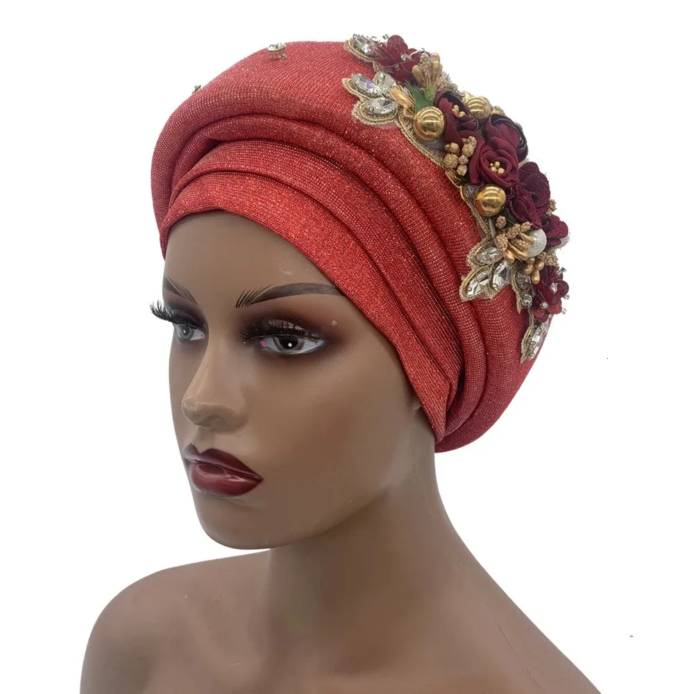 GETACOTA 3-Piece Pleated Glitter Turban For Women – Stretchy Headwrap, Beanie, African Style Cap | Gold+Red, Medium Size - View #3