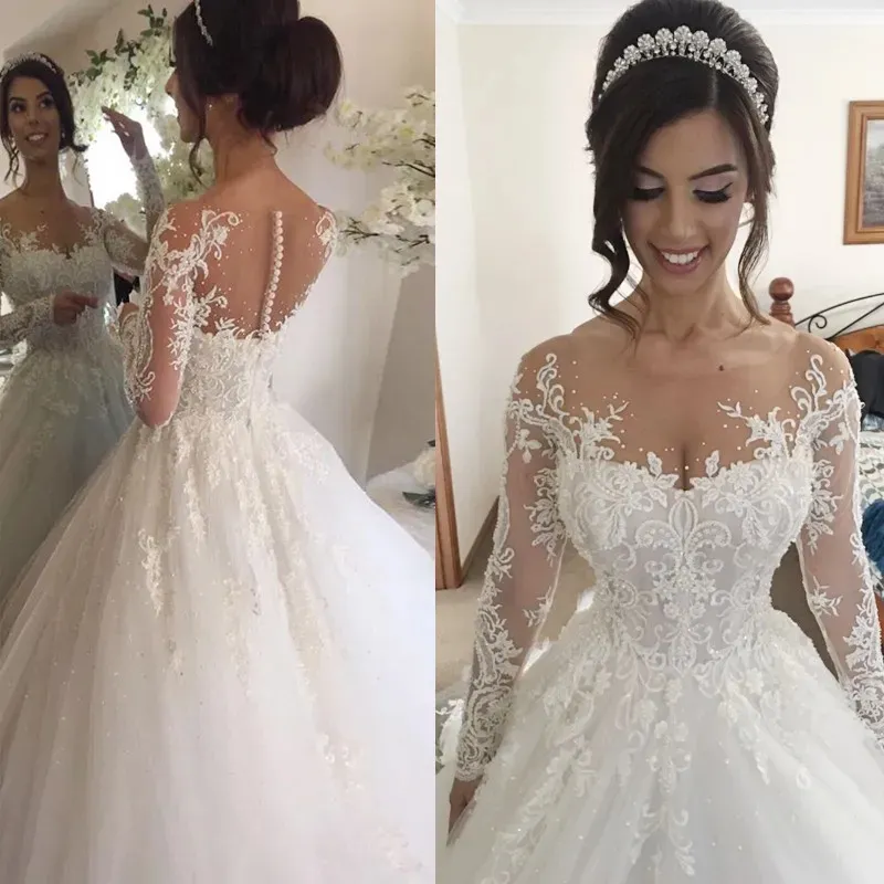 Exquite Apliques de encaje Mangas largas Una línea Vestidos de novia Princesa con cuentas Vestidos de novia Capilla Tren Marfil Tul Novia Ropa formal 2024 Primavera Verano