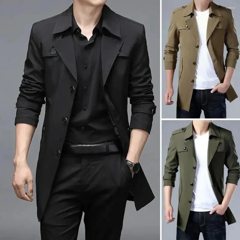 Men's Jackets Jacket Lapel Long Sleeves Pockets Buttons Closure Men Windbreaker Spring Autumn Mid-Length Solid Color Thick Business Overcoat