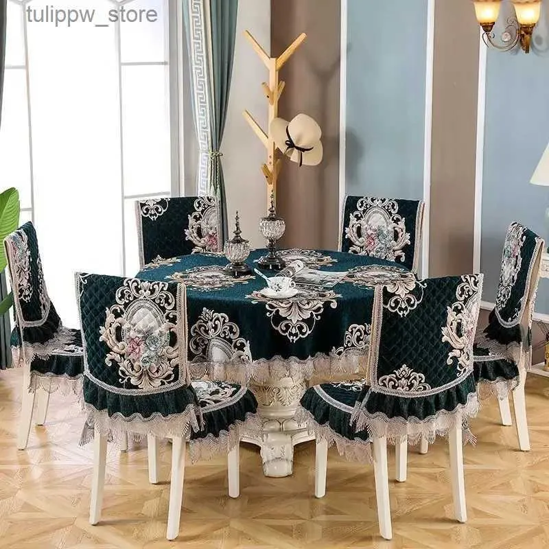 Sandalye lüks yemek masa örtüsü sandalye kapağı pamuk jakard sandalye yastık seti modern toz geçirmez yuvarlak masa havlusu ev düğün dekor l240315