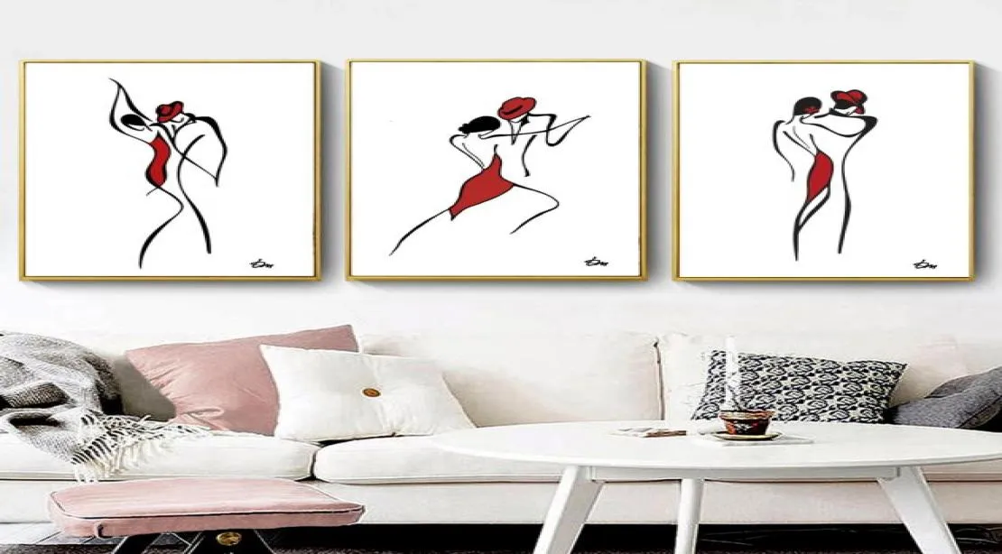 Astratta moderna Danza Coppia Wall Art Tela Pittura Nordic Minimalista Linea Disegno Arte Pittura BlackWhiteRed Poster per Ho4938005