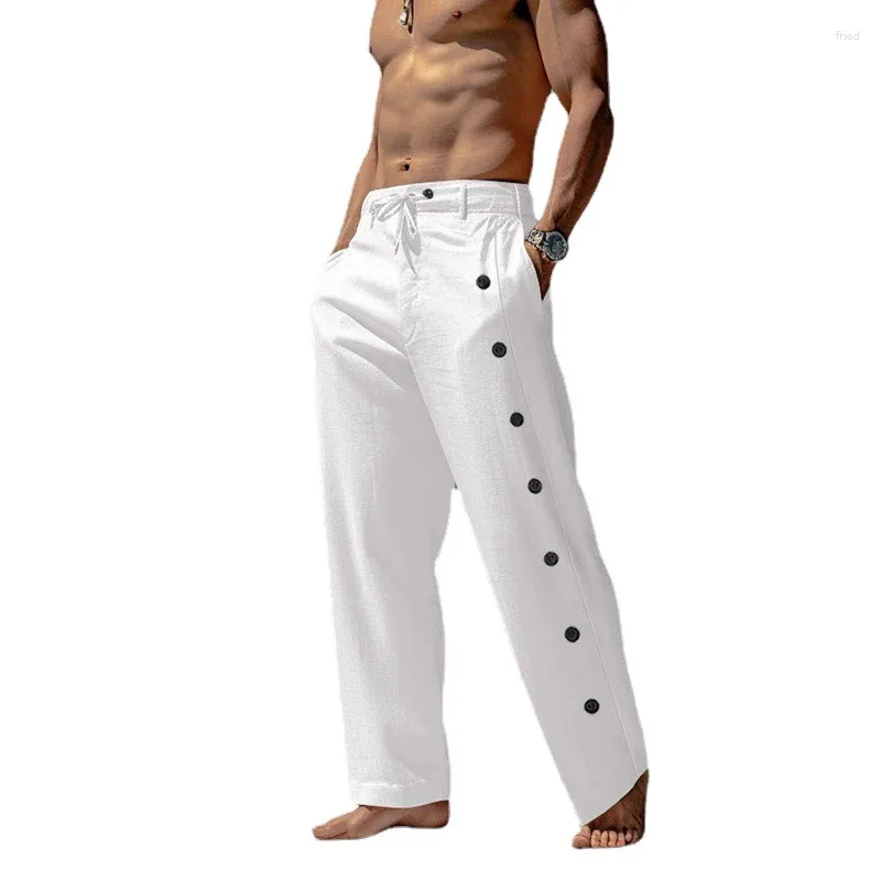 Pantalon homme coton respirant Baggy plage avec boutons décorés taille élastique jambe droite