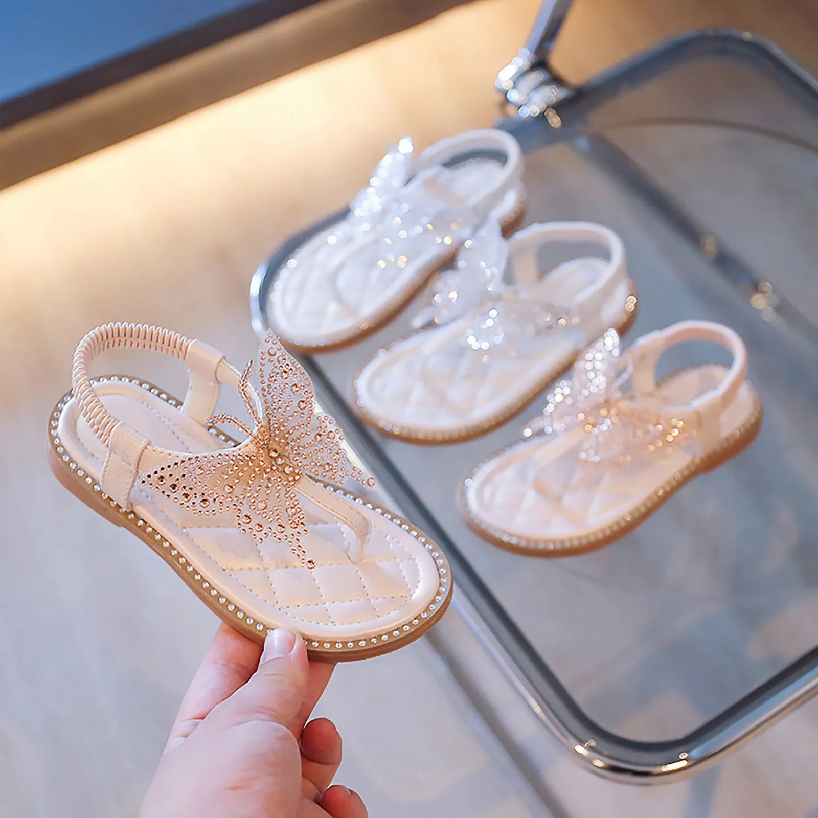 Rhinestone Sandals Bow Shoes For Kids Girls Flip Flops Jelly Sandals Shoes Child Slip On Plat Sandals Little Girl Footwear Shoe 240307