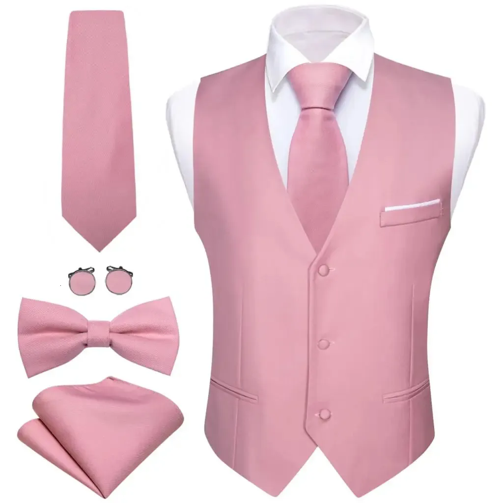 Elegant väst för män rosa solid satin väst slips bowtie hanky set ärmlös jacka bröllop formell manlig gilet kostym barry wang 240312