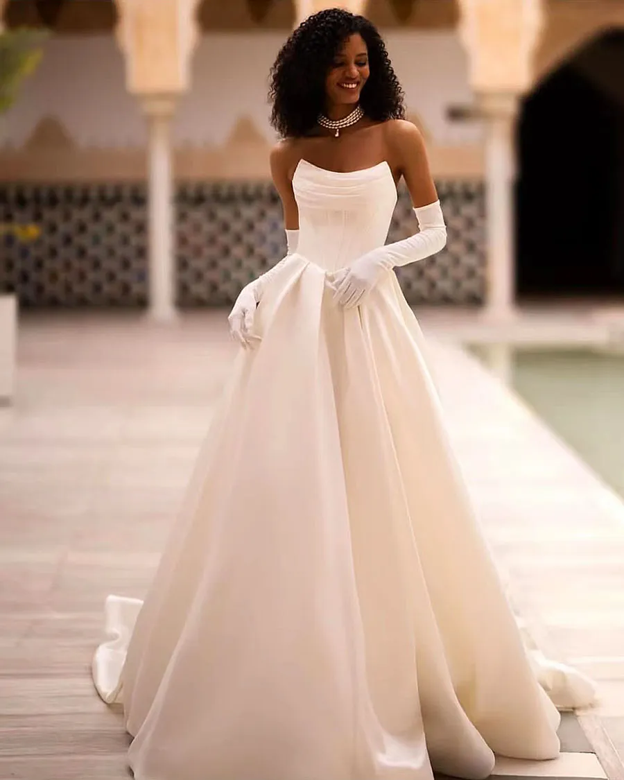 Sweetheart Wedding Dress Satin A-Line Sweep Train Floor Length Elegant Pleat Bridal Gown Customize to Veasures Rope De Mariee