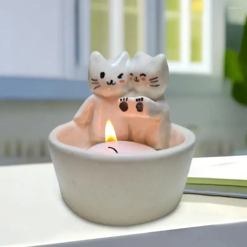 Candle Holders Cartoon Cat Holder Adorable Set For Home Decor Resin Kitten Couple Figurines With Warming Paws Room