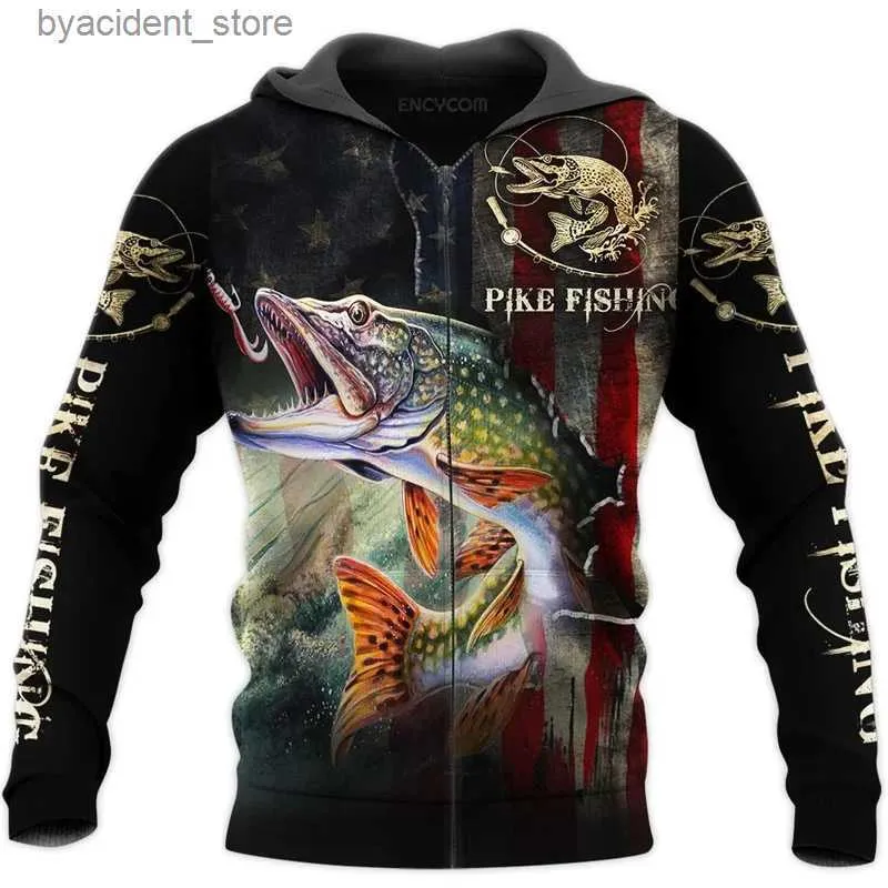 Men's Hoodies Sweatshirts Carp Fishing Graphic Zip Up Hoodie for Men Clothing Sweatshirt Women Hoodies 3D Walleye Pike Fly Fish Printed Hooded Tracksuits L240315