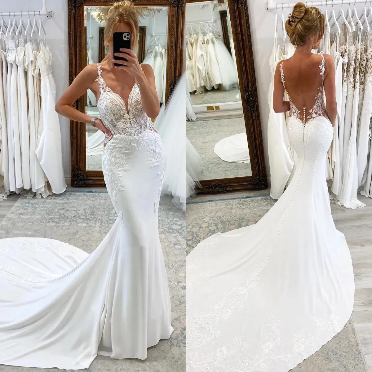 Boho Mermaid Wedding 2024 Dresses Sexy Backless Sleeveless Long Satin Bridal Gown Lace Appliques Spaghetti Summer Beach Bride Wear White Ivory Robe De Mariee