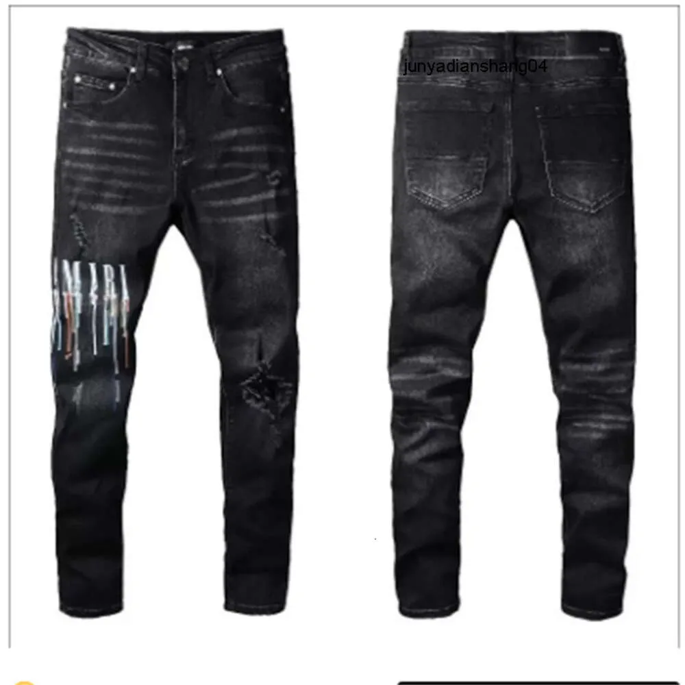 Heren Designer Jeans Hoge Elastiek Distressed Ripped Slim Fit Motorcycle Biker Denim voor herenmode Zwarte broek #030 28-38