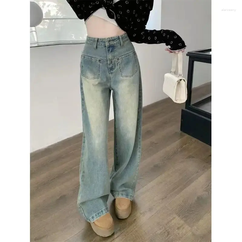 Jeans femininos de cor clara americano retro rua de cintura alta em linha reta solta calças de perna larga alongadas calças de esfregar