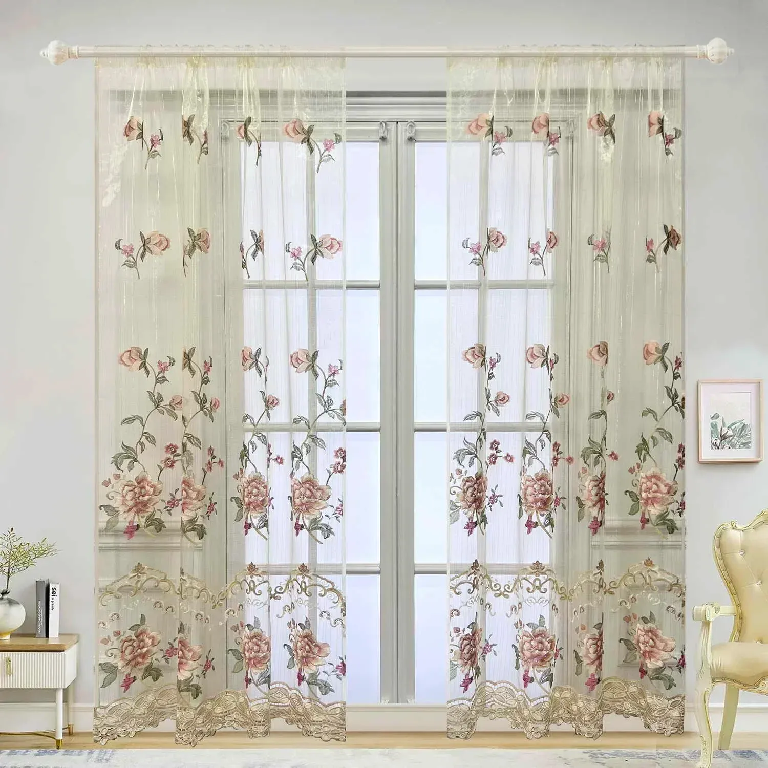 Cortinas rústicas europeias luxuosas brilhantes com fios de ouro bordados florais transparentes para sala de estar, quarto, tratamento de janela, haste de bolso